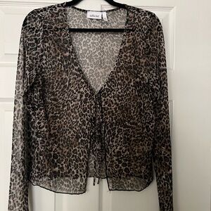 Leopard Print Sheer Blouse with Tie Front
